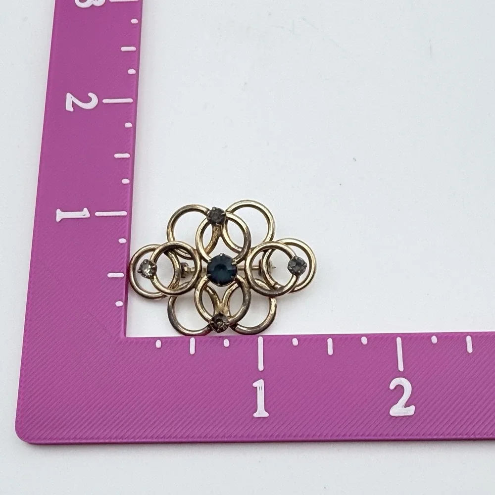 Vintage WRECCO 12K Gold Filled Circle Brooch Blue Rhinestone Atomic Pin